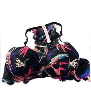 Victoria's Secret PINK Lace Padded Push Up Bra colorful tropical leaf pattern
